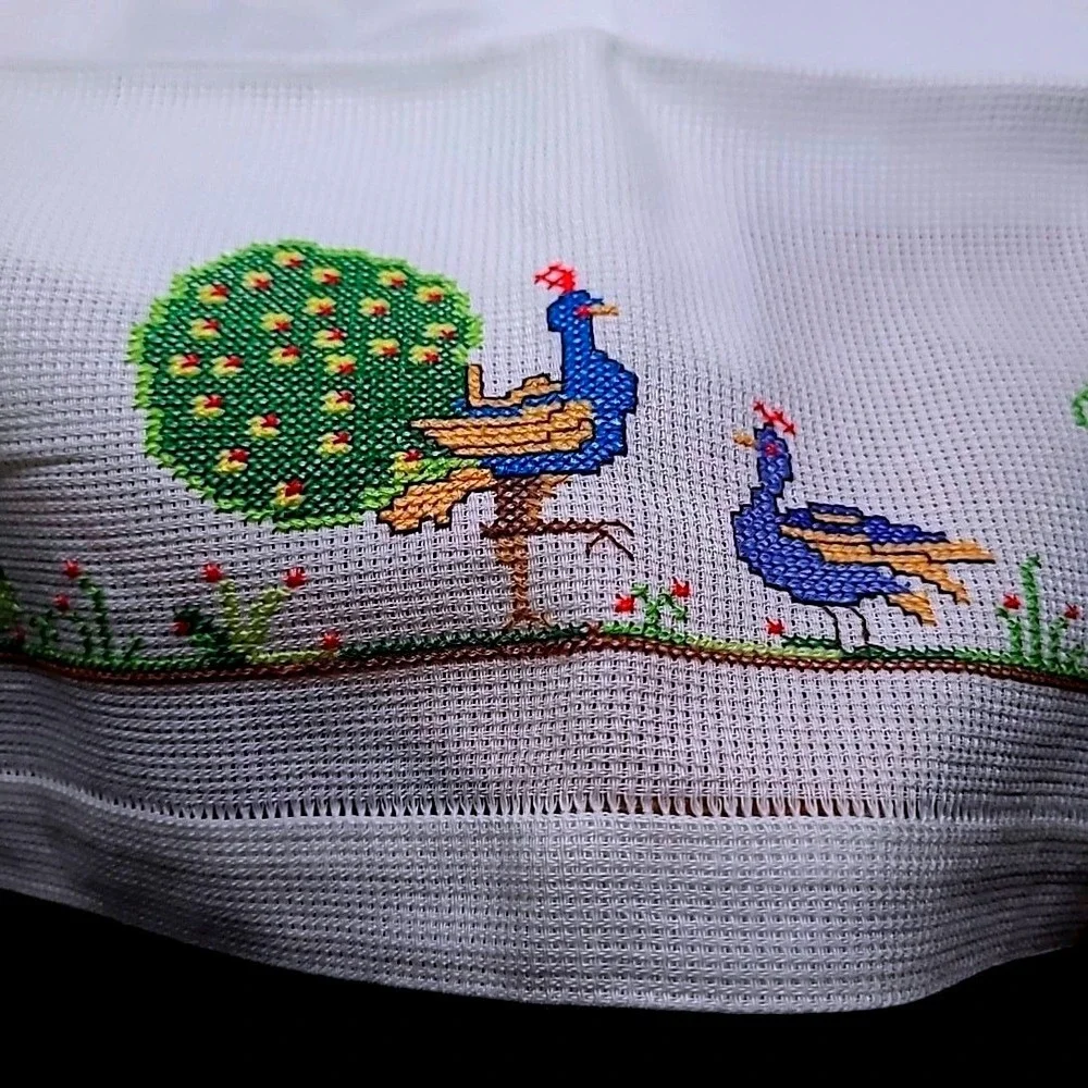 Vintage Peacock Cross Stitch Tea Towels‎ Set of 3 White Cotton Guest Linens Boho